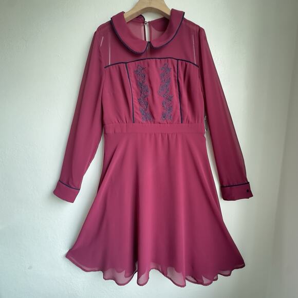 Modcloth NWT Burgundy Pretty Performative Embroider Dress Long Sleeve Retro Sz L - Picture 1 of 14